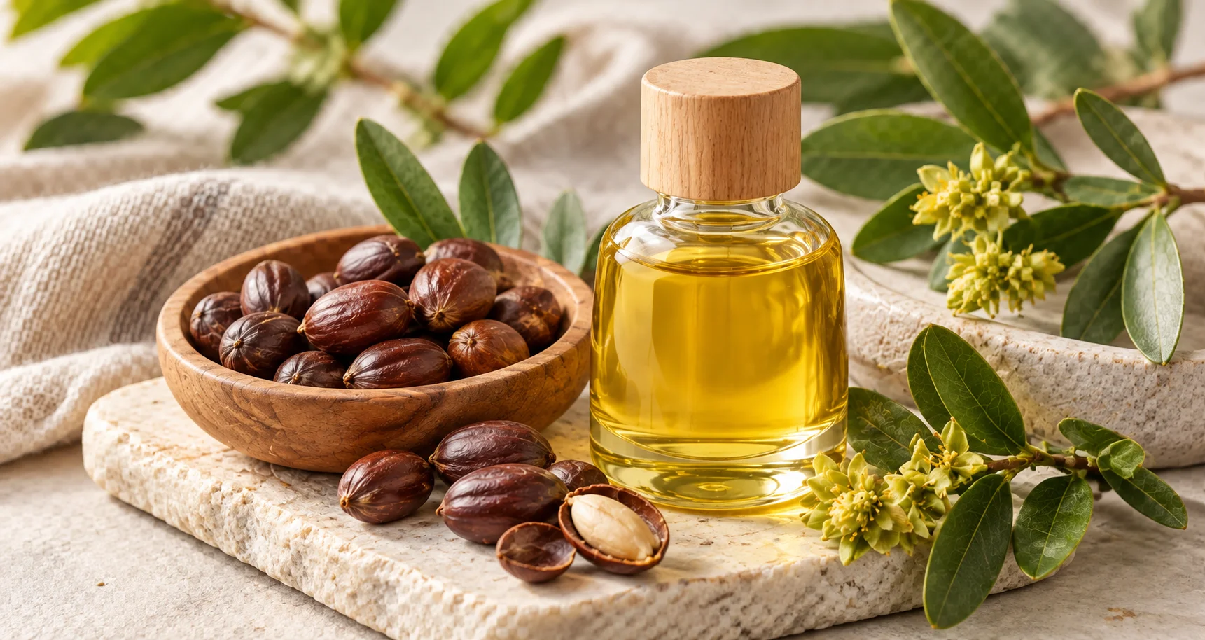 A glass bottle of jojoba oil next to a wooden bowl filled with jojoba seeds and green plant leaves, placed on a marble surface.
